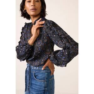 Evereve Dana Long Sleeve Ruffle Printed Blouse Black Small
